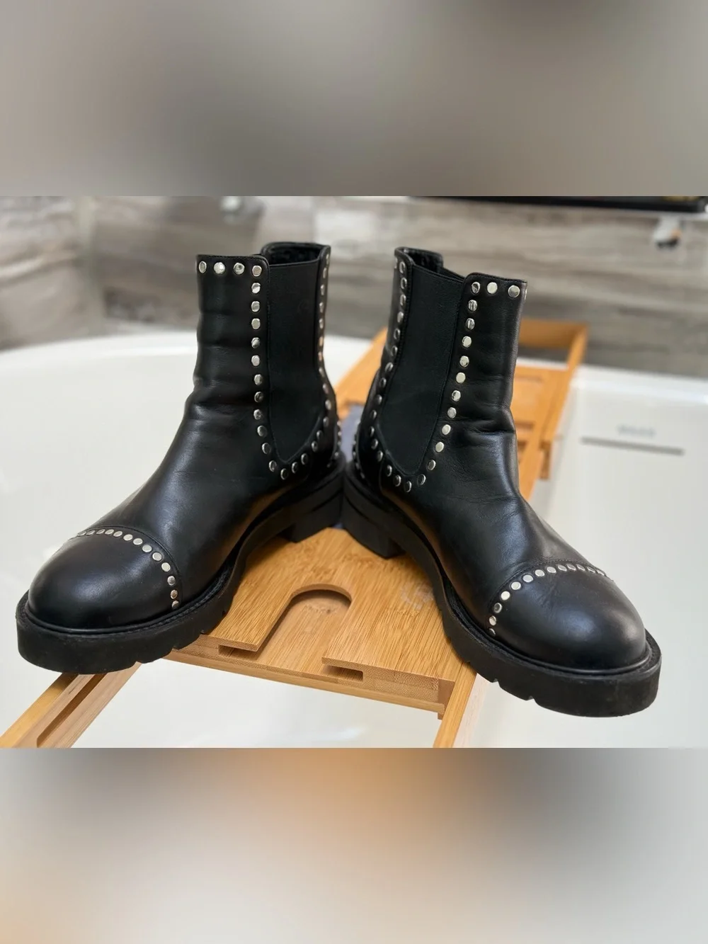 Stuart Weitzman Frankie Studded Chelsea Lug Ankle Boots in black